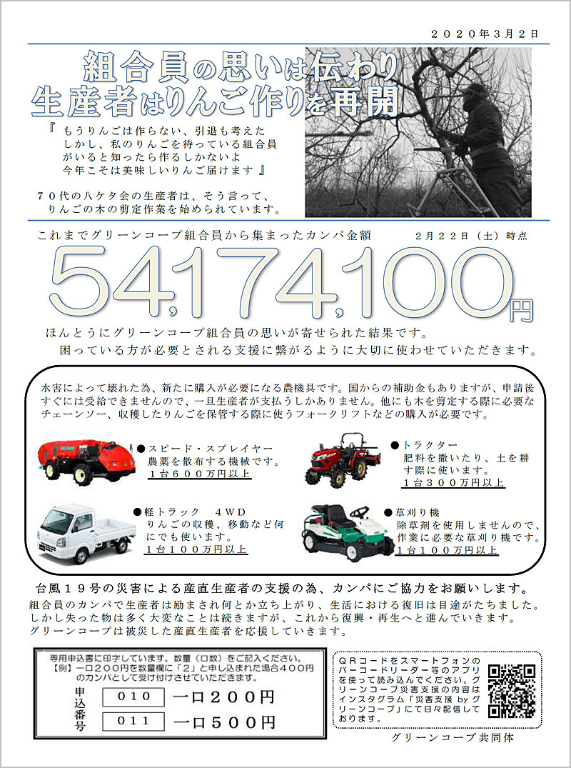 台風19号災害支援カンパのご協力のお願い 生産者はりんご作りを再開 応援りんごジュース を作ります 台風19号災害支援カンパのご協力のお願い 生産者はりんご作りを再開 応援りんごジュース を作ります